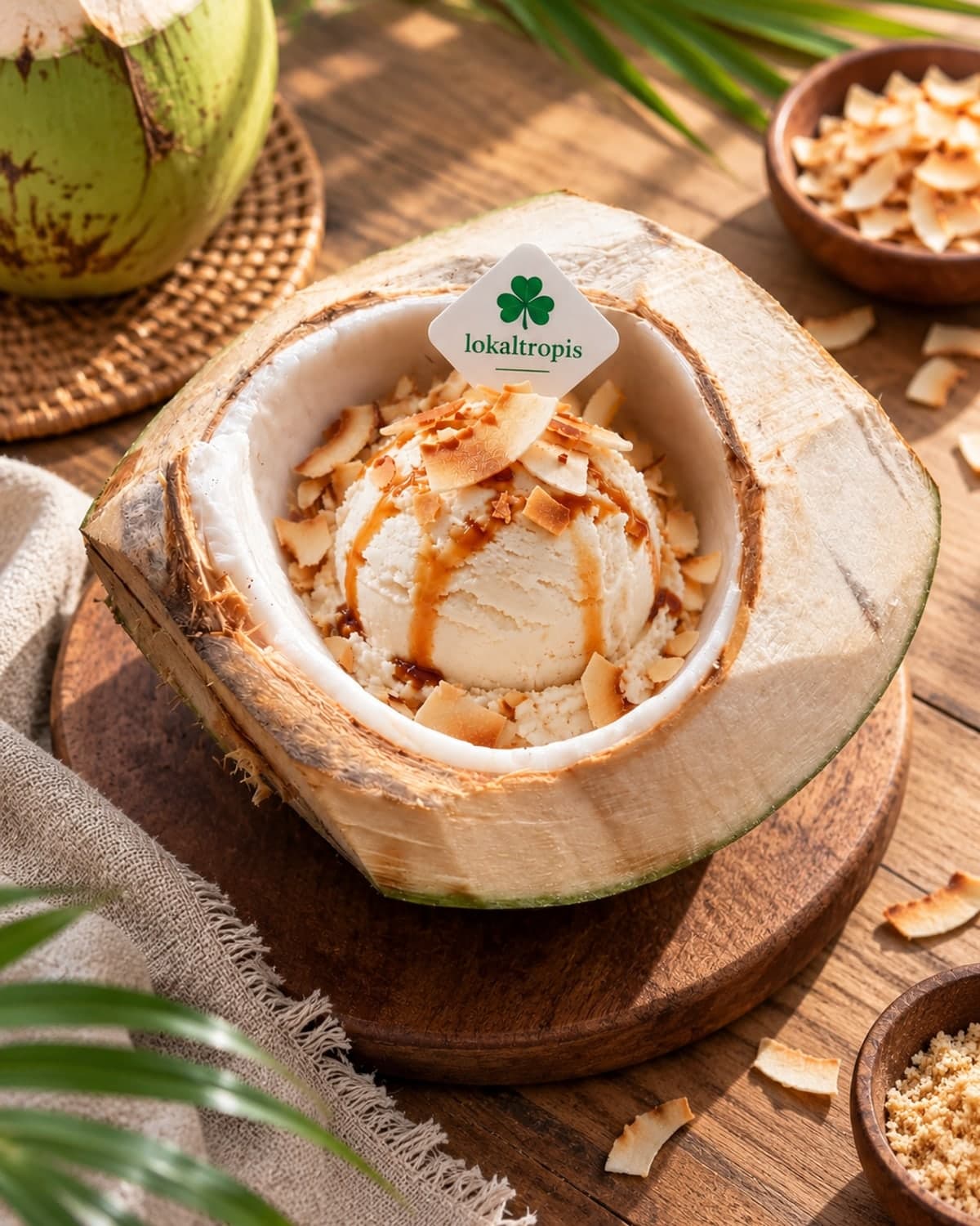 Coconut Cloud served inside a fresh coconut shell on a wooden board, scattered with toasted coconut and palm sugar.